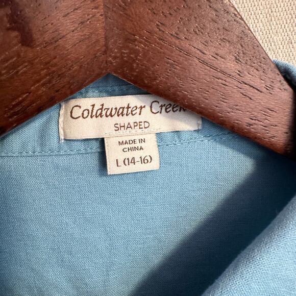 Coldwater Creek Shirt Size L 14 16 Blue Linen Blend Button Up Adjustable Sleeves - Picture 7 of 12